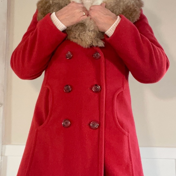Vintage 50s 60s Red Wool Double Breasted Coat with Rabbit Fur Collar, xs / small - Picture 4 of 10